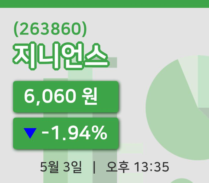 [지니언스주가] 13시 35분 현재 6,060원