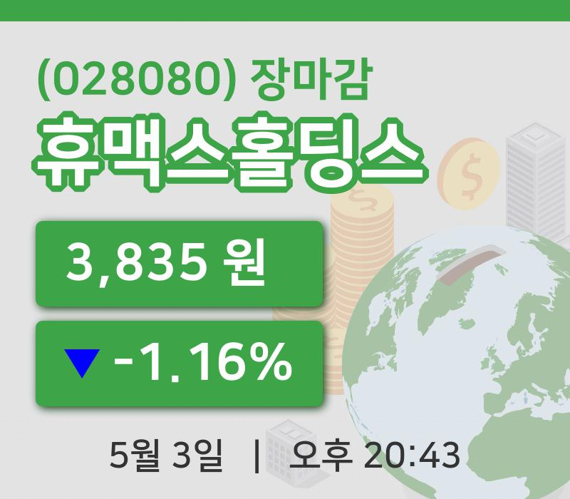 코스닥마감증시휴맥스홀딩스 3일 3,835원 장종료...