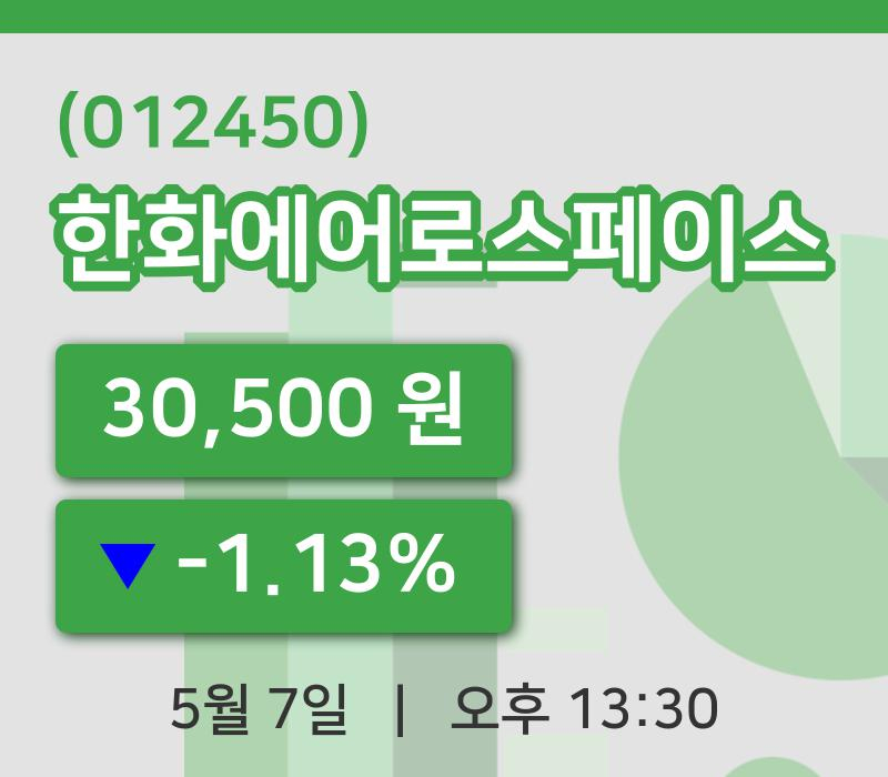 [한화에어로스페이스주가] 7일 이시각 현재  30,500원