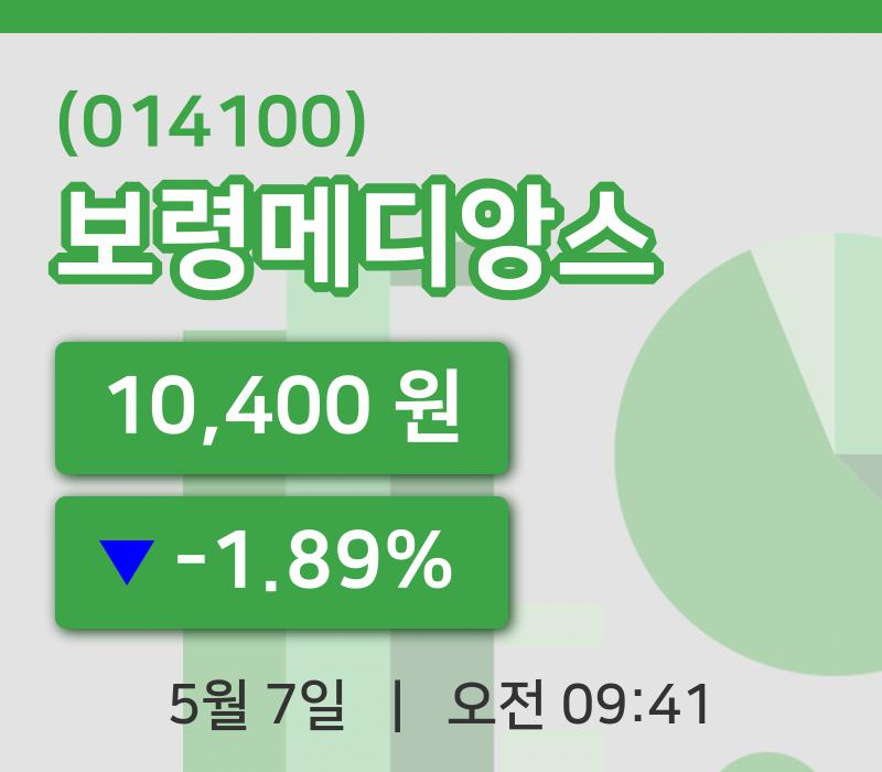 [보령메디앙스주가] 7일 9시 41분 현재 10,400원