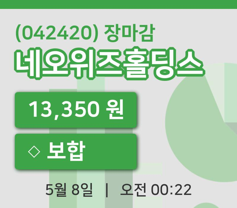 국내주식마감네오위즈홀딩스 8일 13,350원 마감