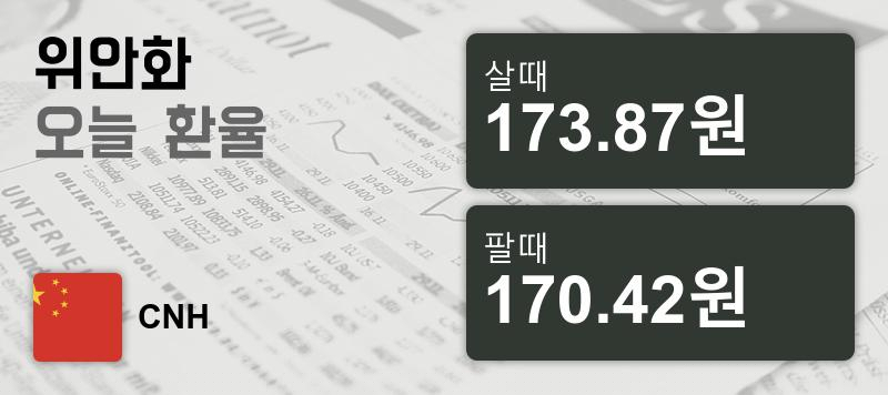 환율 8일 중국 위안 살때 173.87원, 팔때 170.42원 ▼-0.77%감소