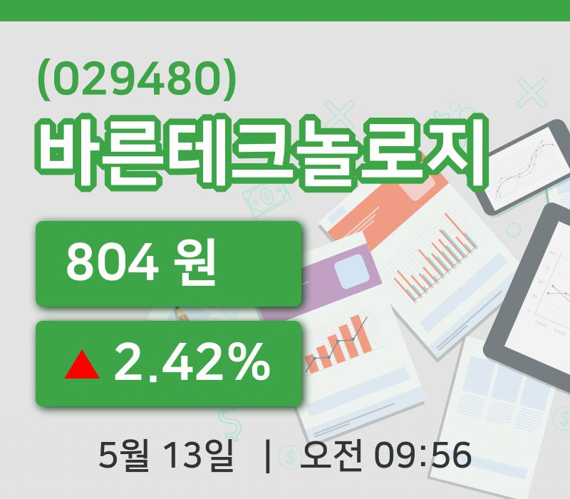[바른테크놀로지주가] 13일 9시 56분 현재 804원