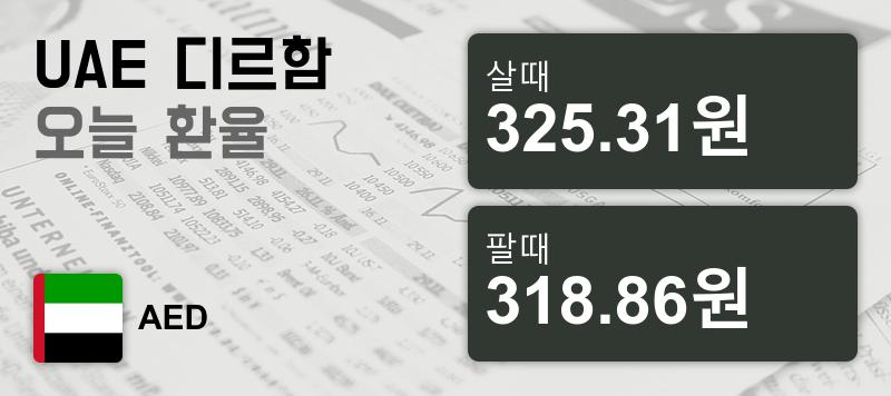 14일 디르함화 UAE 환율 살때 325.31원, 팔때 318.86원 ▲0.42%상승