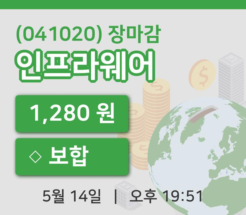 국내증시마감인프라웨어 14일 1,280원 마감...