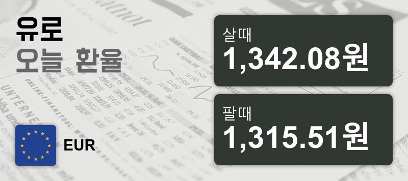 환율 14일 유로화 살때 1,342.08원, 팔때 1,315.51원 ▲0.39%상승