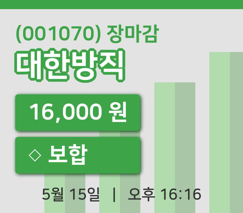마감증시보고대한방직 15일 16,000원 장마감주식차트종합정리
