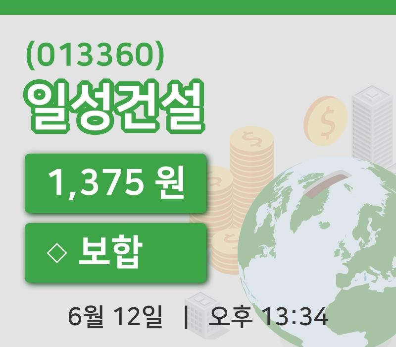 [일성건설주가] 13시 34분 현재 1,375원