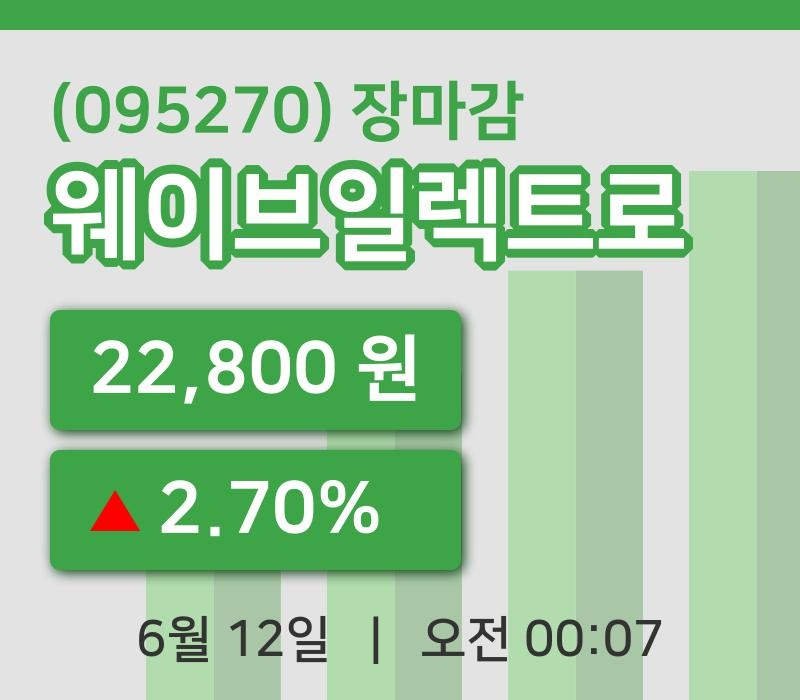 마감증시보고웨이브일렉트로 12일 22,800원 장 마쳐...