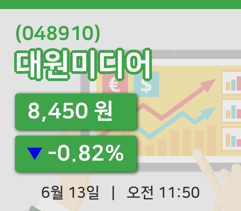 [대원미디어주가] 13일 11시 50분 현재 8,450원