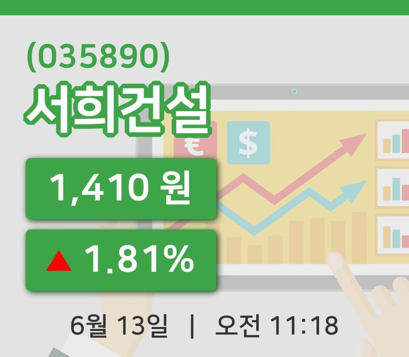 [서희건설주가] 13일 11시 18분 현재 1,410원