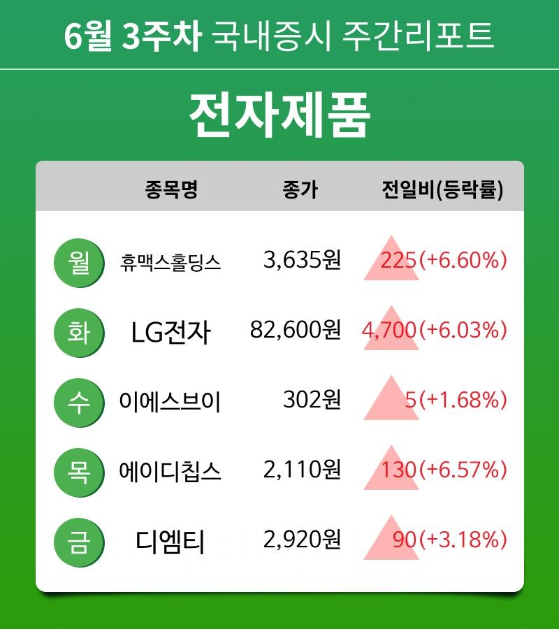 [주간 증시 리포트] 6월 3주차 전자제품 업종 주간 리포트 : 휴맥스홀딩스, LG전자, 이에스브이, 에이디칩스, 디엠티 등 강세