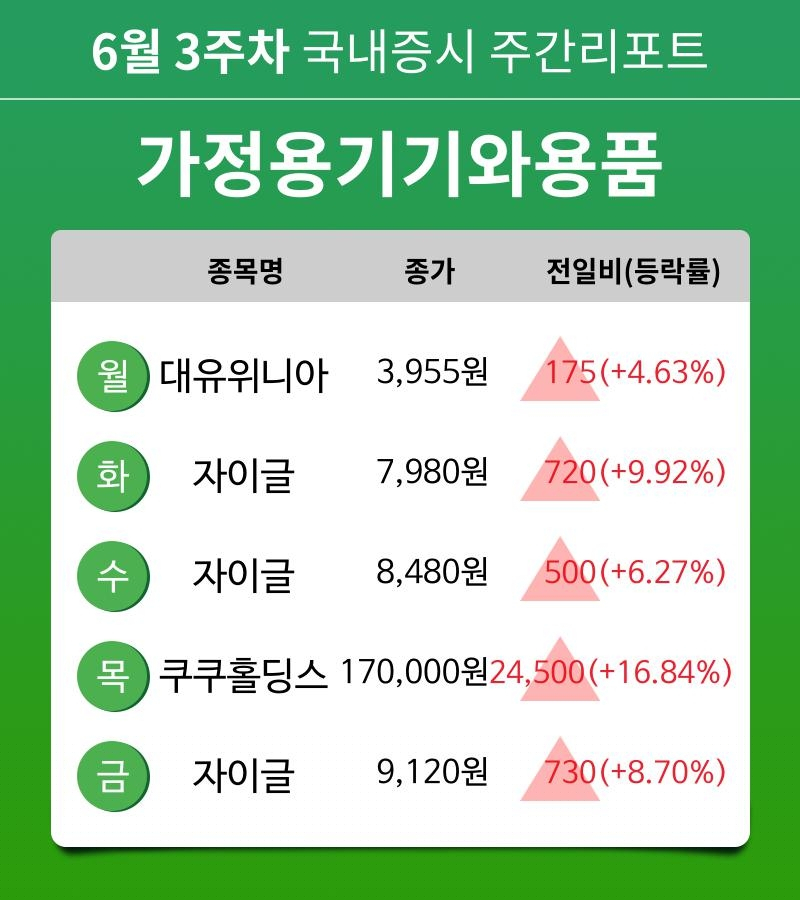 [주간 증시 리포트] 6월 3주차 가정용기기와용품 업종 주간 리포트 : 대유위니아, 자이글, 쿠쿠홀딩스 등 강세