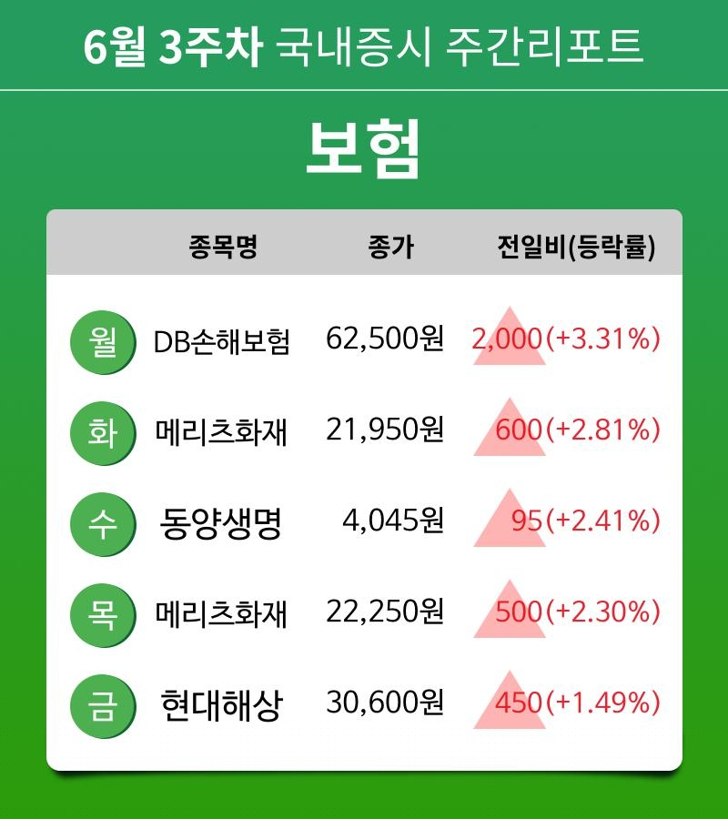 [주간 증시 리포트] 6월 3주차 보험 테마 주간 리포트 : DB손해보험, 메리츠화재, 동양생명, 현대해상 등 강세