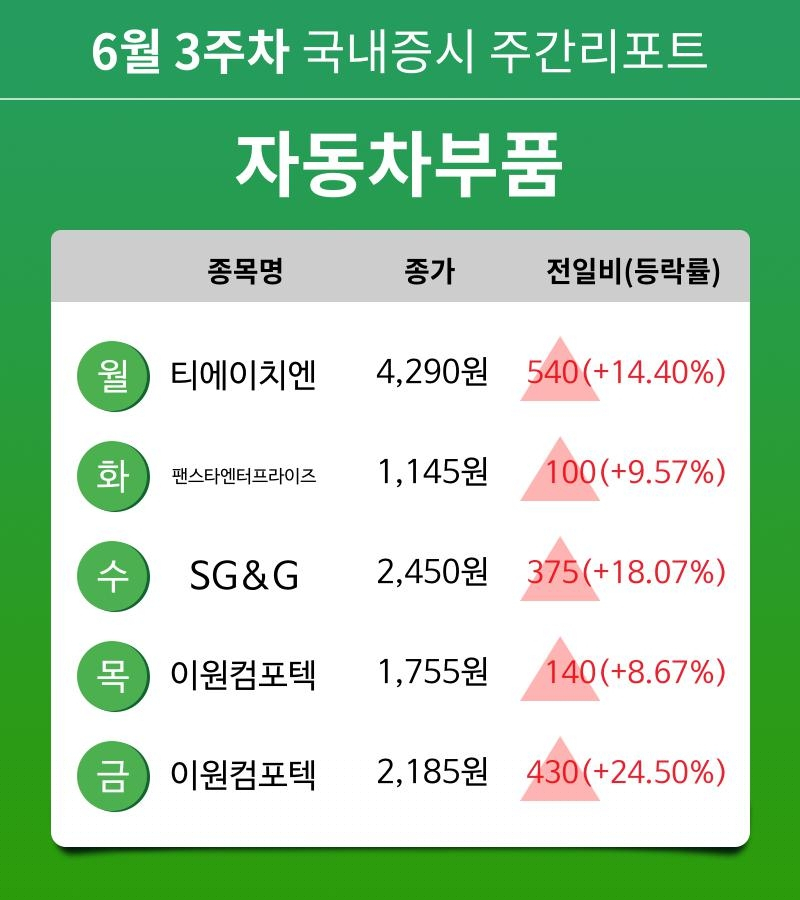 [주간 증시 리포트] 6월 3주차 자동차부품 업종 주간 리포트 : 티에이치엔, 팬스타엔터프라이즈, SG&G, 이원컴포텍 등 강세