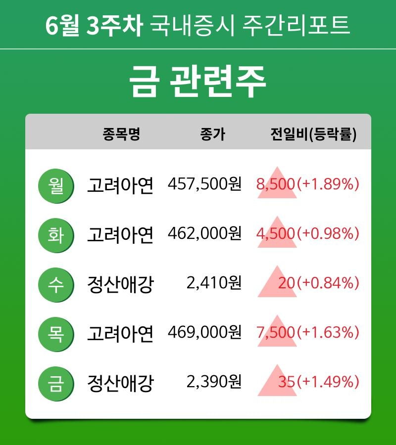 [주간 증시 리포트] 6월 3주차 금 관련주 테마 주간 리포트 : 고려아연, 정산애강 등 강세