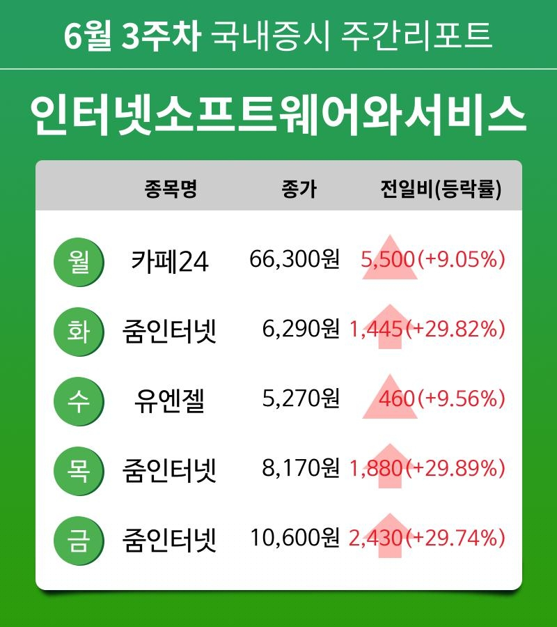 [주간 증시 리포트] 6월 3주차 인터넷소프트웨어와서비스 업종 주간 리포트 : 카페24, 줌인터넷, 유엔젤 등 강세