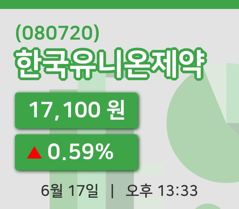 [한국유니온제약주가] 17일 13시 33분 현재 17,100원