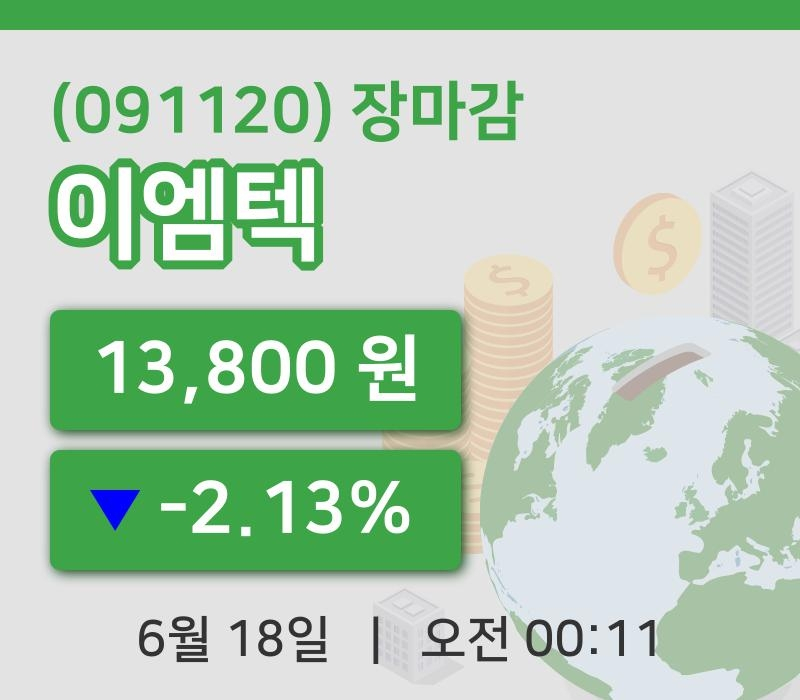 코스닥정리이엠텍 18일 13,800원 마감
