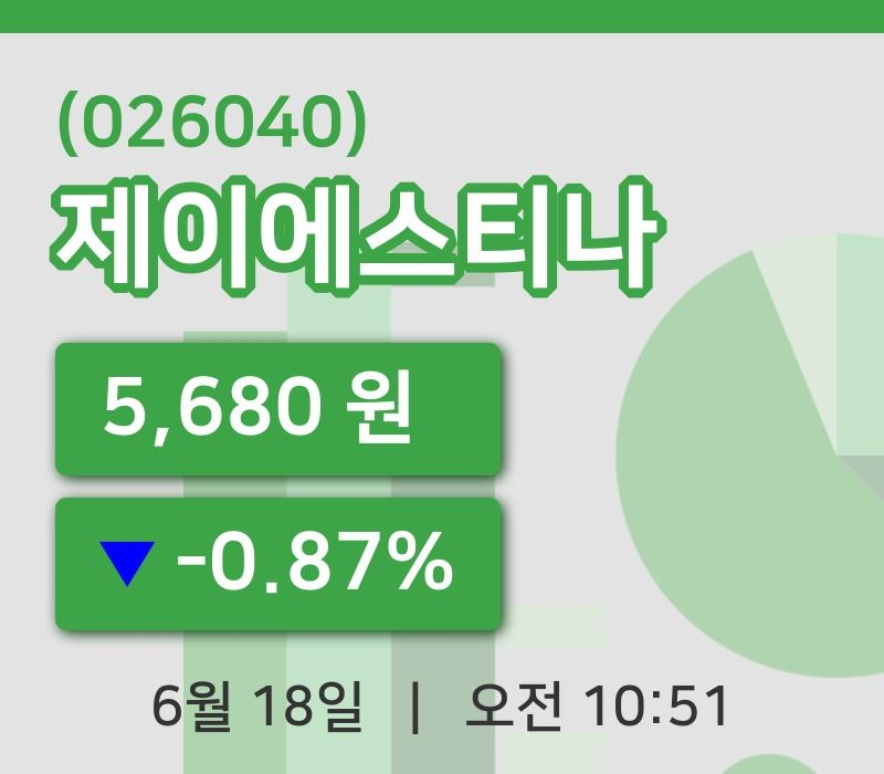 [제이에스티나주가] 18일 10시 51분 현재 5,680원