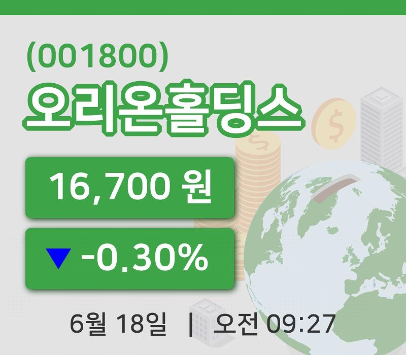 [오리온홀딩스주가] 18일 9시 27분 현재 16,700원
