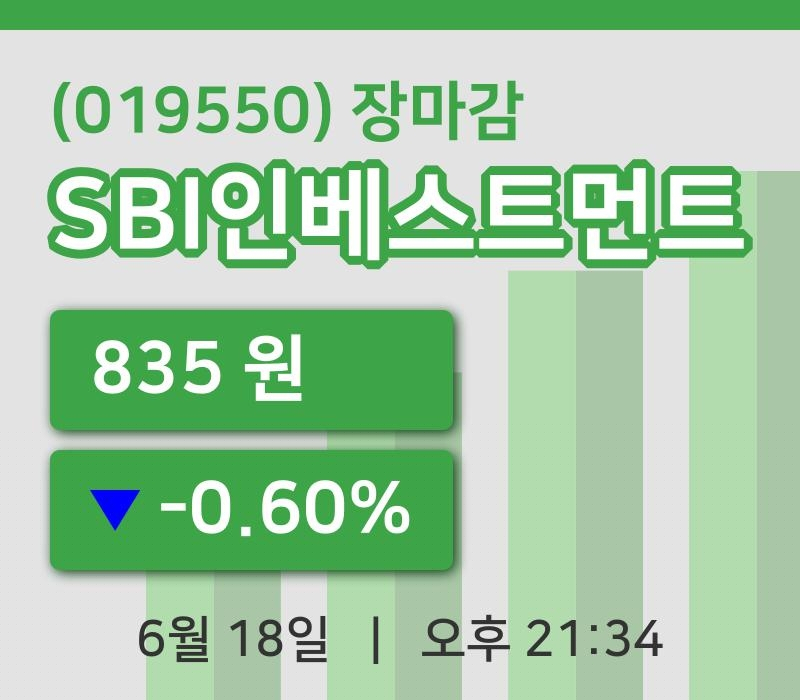 국내증시마감SBI인베스트먼트 18일 835원 마감그래프종합분석