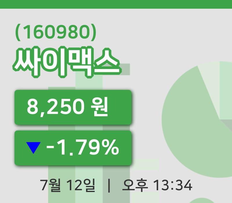 [싸이맥스주가] 12일 13시 34분 현재 8,250원