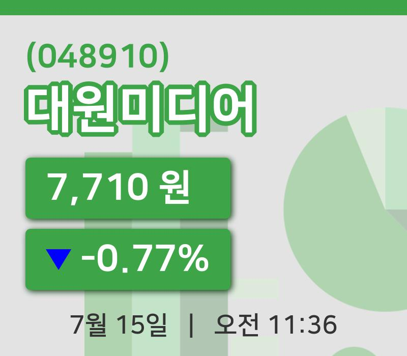 [대원미디어주가] 15일 11시 36분 현재 7,710원