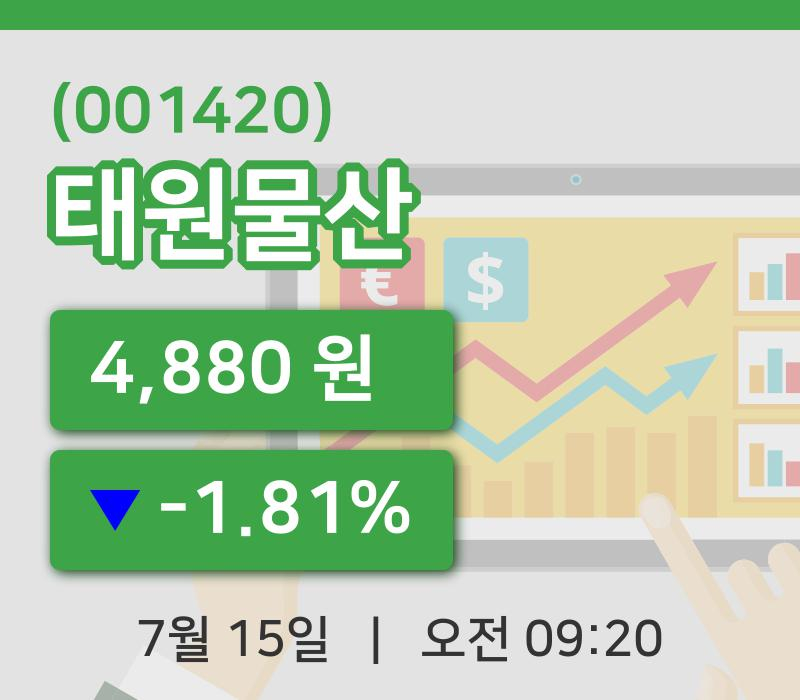 [태원물산주가] 15일 9시 20분 현재 4,880원