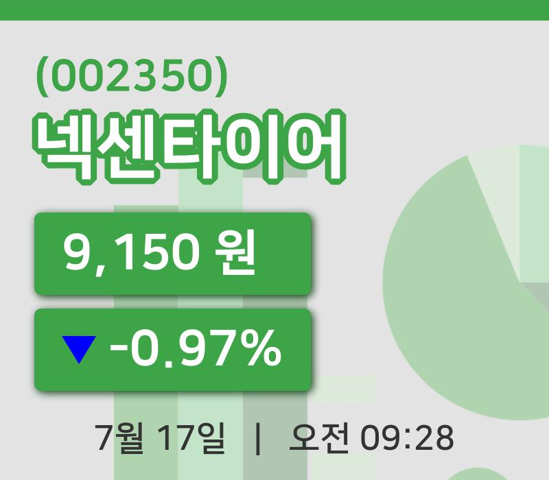 [넥센타이어주가] 9시 28분 현재 9,150원