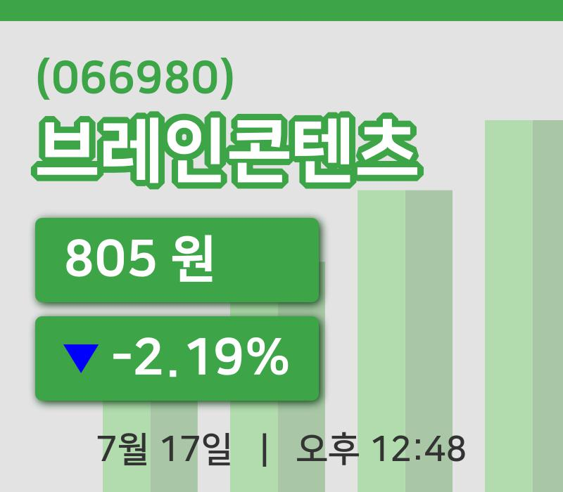 [브레인콘텐츠주가] 12시 48분 현재 805원