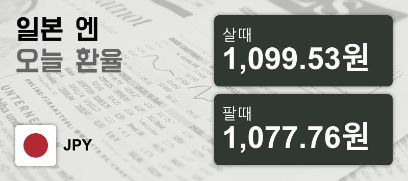 환율 22일 日엔 살때 1,099.53원, 팔때 1,077.76원 ▼-0.83%감소