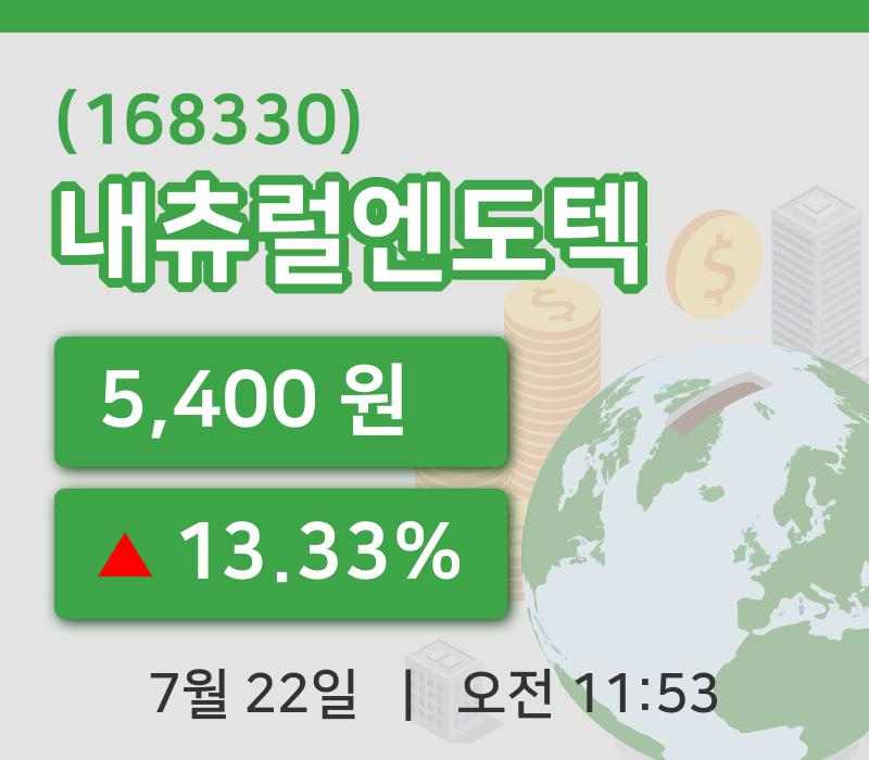 [내츄럴엔도텍주가] 22일 11시 53분 현재 5,400원