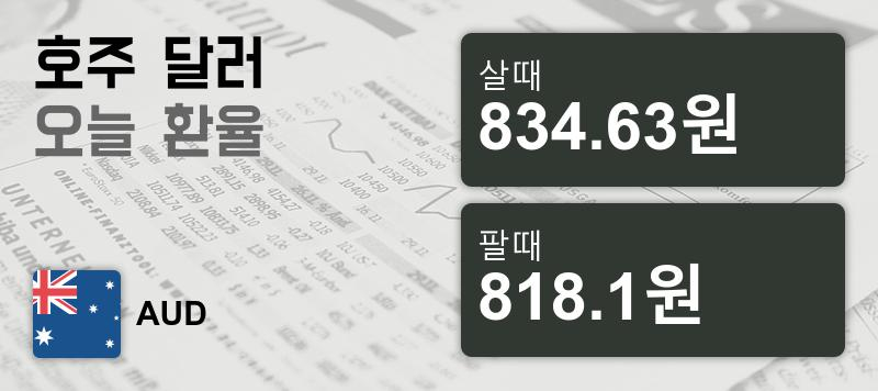 22일 호주 달러화 환율 살때 834.63원, 팔때 818.1원 ▼-0.81%감소