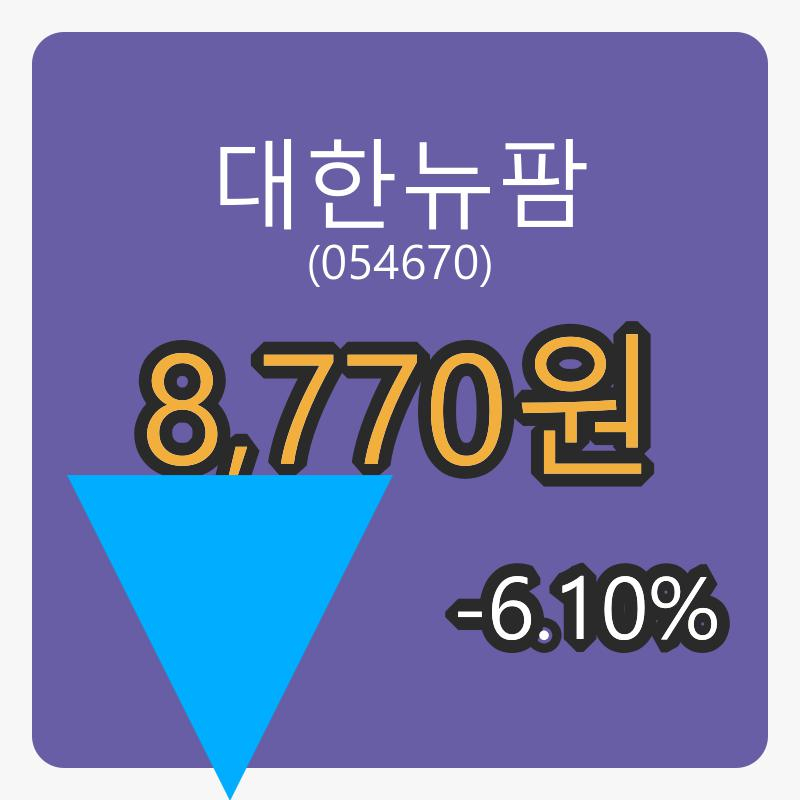 대한뉴팜 6일 마감가 8,770원 전일대비 -6.10퍼센트등락..