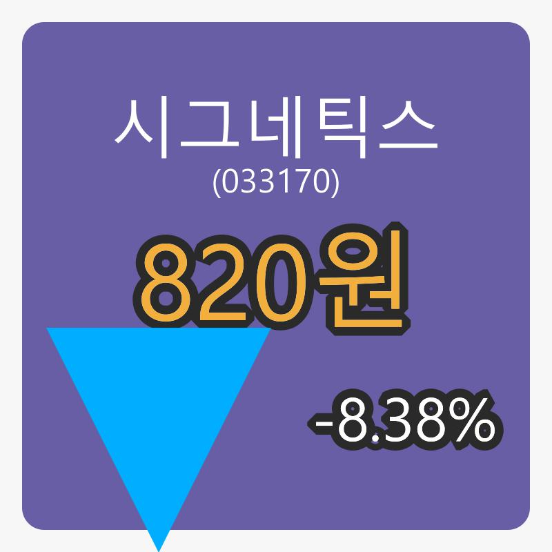 시그네틱스장종주가 820원, -8.38% 변동..