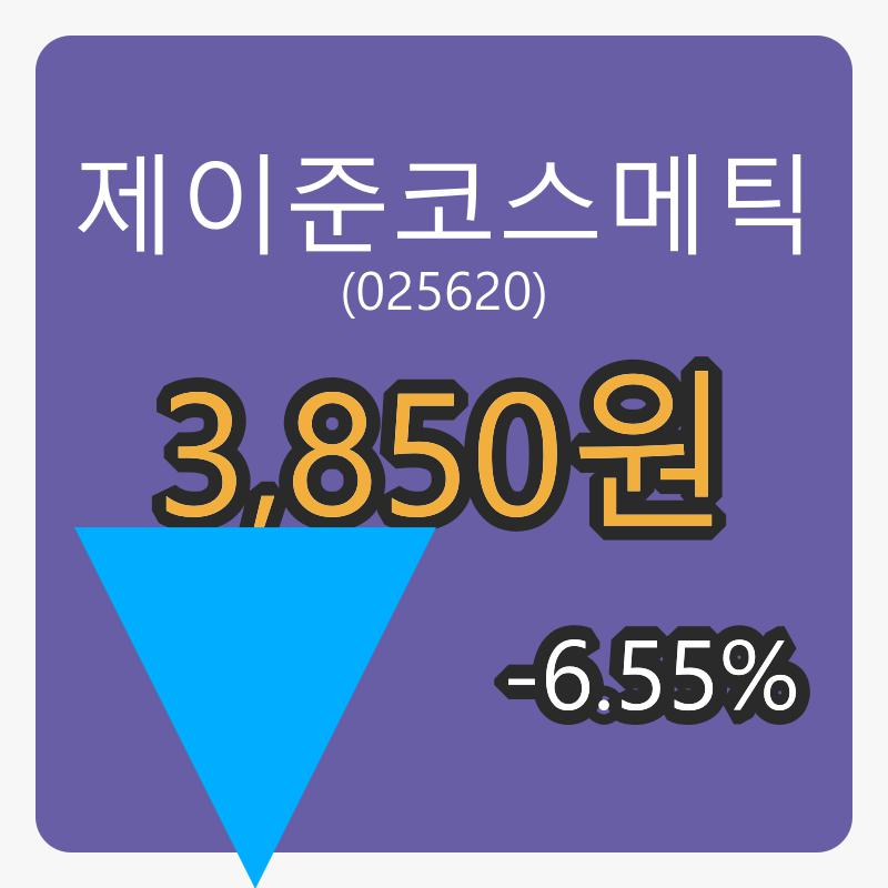 제이준코스메틱장종주가 3,850원 -6.55% 등락..