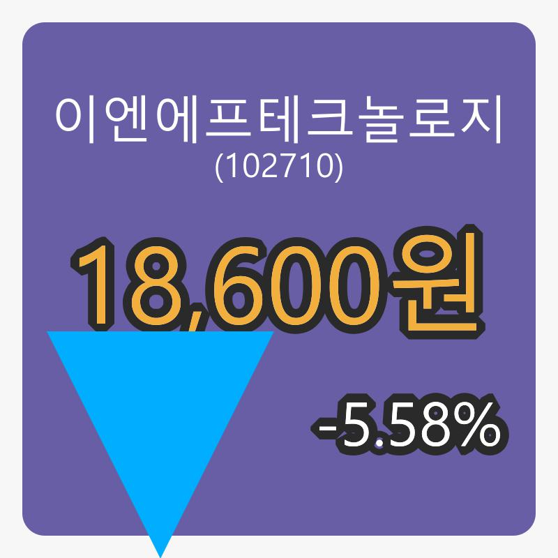 이엔에프테크놀로지 6일 장종주가 18,600원 전일대비 -5.58%등락..