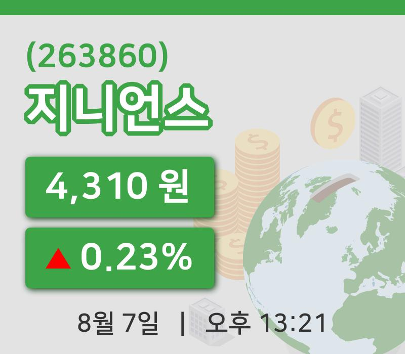 [지니언스주가] 13시 21분 현재 4,310원