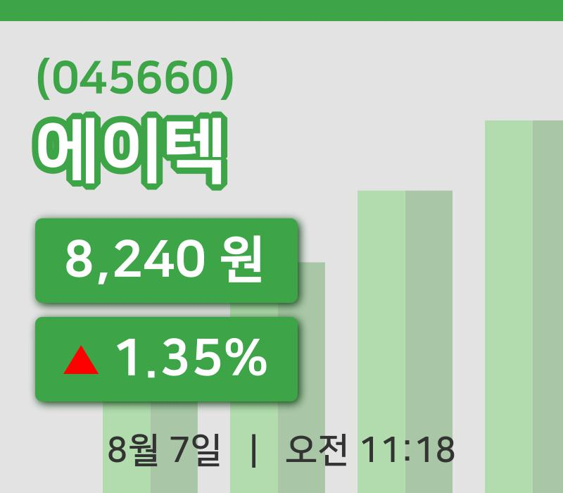 [에이텍주가] 11시 18분 현재 8,240원