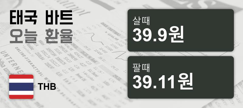 7일 태국 바트 살때 39.9원, 팔때 39.11원 ▲0.51%상승