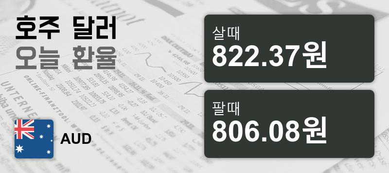 23일 호주 달러화 환율 살때 822.37원, 팔때 806.08원 ▼-0.37%감소