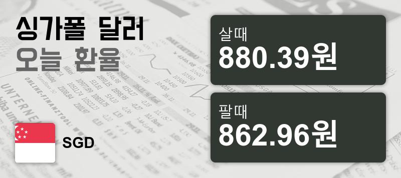 26일 싱가폴 달러 살때 880.39원, 팔때 862.96원 ▲0.25%상승