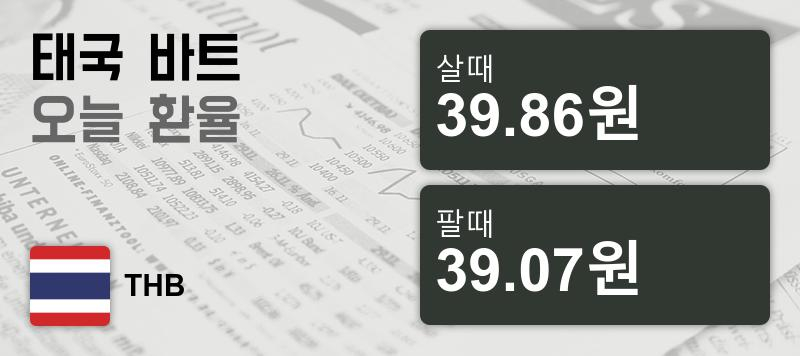 26일 태국 바트 살때 39.86원, 팔때 39.07원 ▲0.87%상승