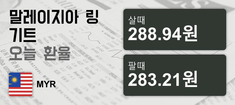 말레이시아 16일 링기트화 환율 살때 288.94원, 팔때 283.21원 ▲0.13%상승