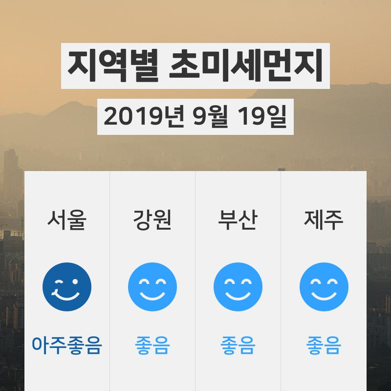 9월 19일 06시 기준 전국 초미세먼지 정보 ... 서울 초미세먼지 '아주좋음'