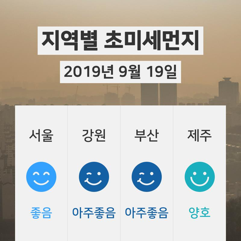 [9월 19일 18시 초미세먼지 정보] 오늘 날씨와 전국 초미세먼지·미세먼지 정보