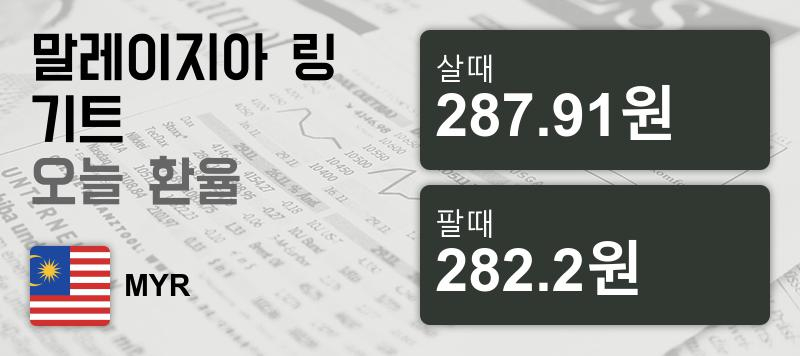 말레이시아 20일 링기트화 환율 살때 287.91원, 팔때 282.2원 ▲0.18%상승