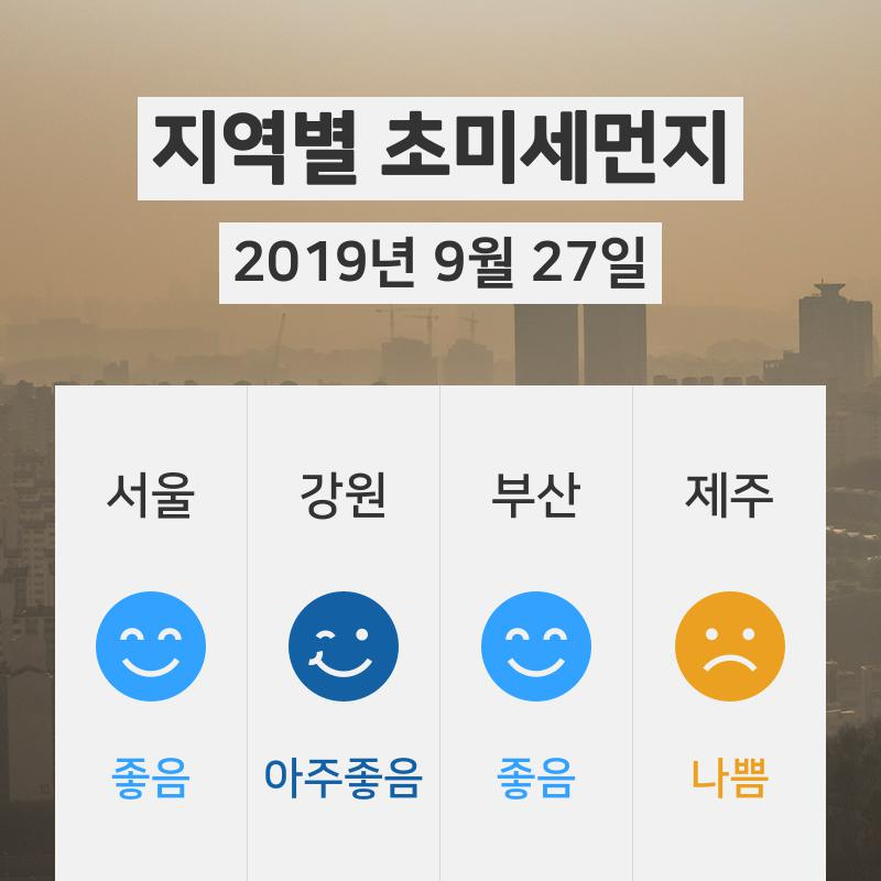 9월 27일 06시 기준 전국 초미세먼지 정보 ... 서울 초미세먼지 '좋음'