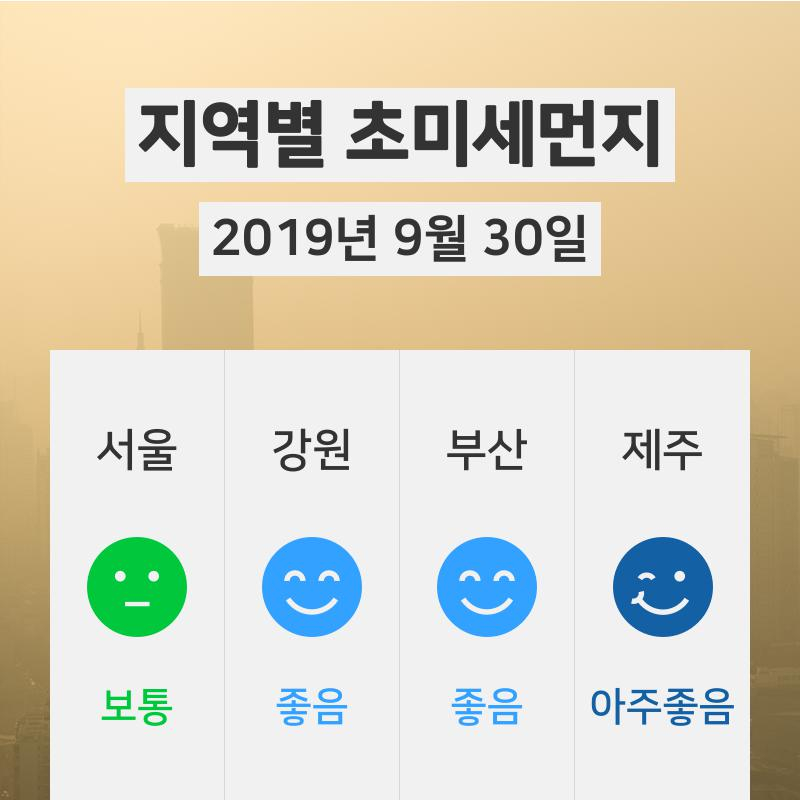 9월 30일 18시 기준 전국 초미세먼지 정보 ... 서울 초미세먼지 '보통'